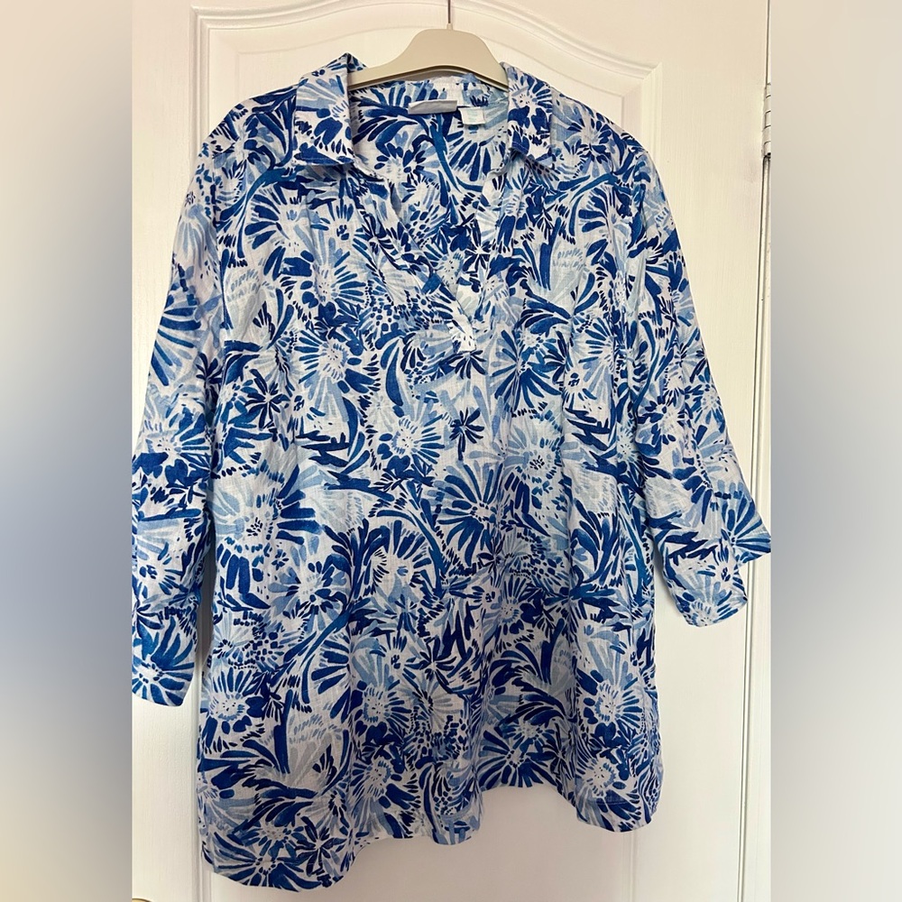 Cynthia Rowley Blue and White Floral Blouse Sz 2X